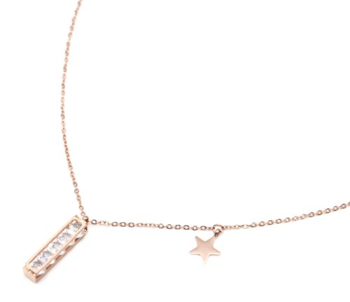 Collier-Fine-Chaine-Acier-Or-Rose-avec-Pendentif-Rectangle-Multi-Cristaux