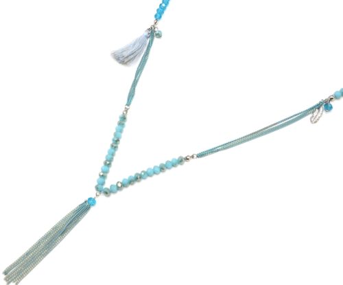 Sautoir-Collier-Multi-Chaines-Metal-avec-Perles-Plume-et-Pompon-Bleu