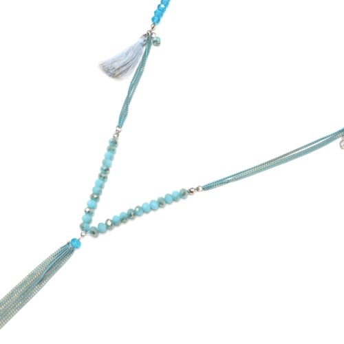 Sautoir-Collier-Multi-Chaines-Metal-avec-Perles-Plume-et-Pompon-Bleu