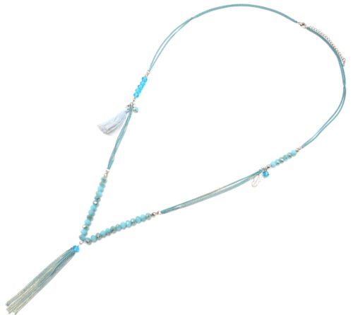 Sautoir-Collier-Multi-Chaines-Metal-avec-Perles-Plume-et-Pompon-Bleu