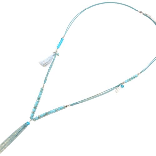 Sautoir-Collier-Multi-Chaines-Metal-avec-Perles-Plume-et-Pompon-Bleu