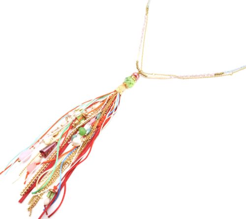 Sautoir-Collier-Mini-Perles-avec-Pompon-Rubans-Chaines-Perles-Pierres-Multicolore-Dore