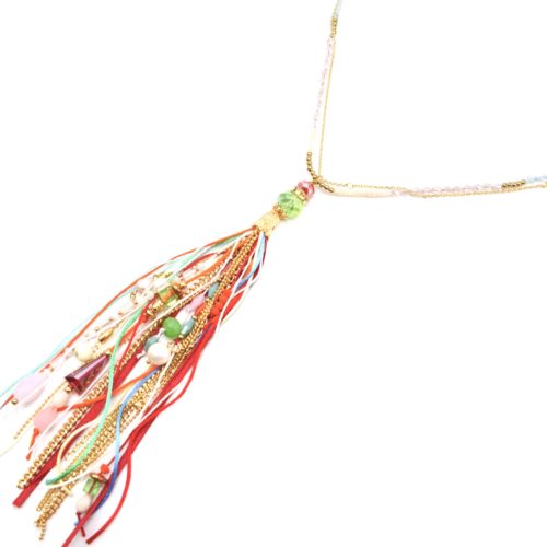 Sautoir-Collier-Mini-Perles-avec-Pompon-Rubans-Chaines-Perles-Pierres-Multicolore-Dore