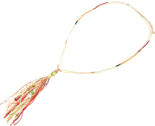 Sautoir-Collier-Mini-Perles-avec-Pompon-Rubans-Chaines-Perles-Pierres-Multicolore-Dore