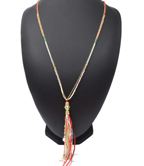 Sautoir-Collier-Mini-Perles-avec-Pompon-Rubans-Chaines-Perles-Pierres-Multicolore-Dore