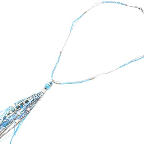 Sautoir-Collier-Mini-Perles-avec-Pompon-Rubans-Chaines-Perles-Pierres-Bleu-Argente