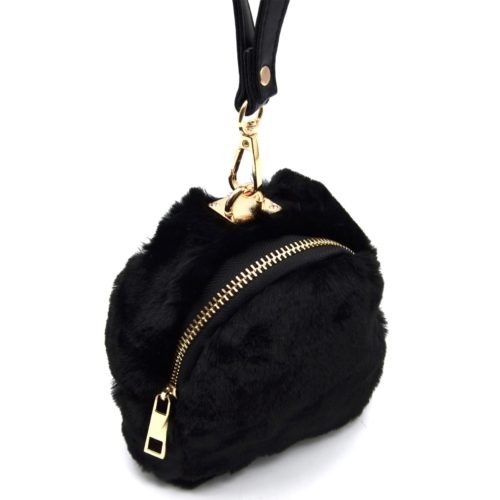Pochette-Mini-Sac-a-Dos-Porte-Monnaie-Fourrure-Synthetique-Noir
