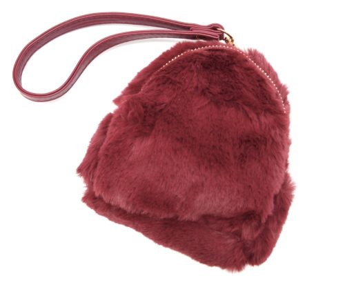 Pochette-Mini-Sac-a-Dos-Porte-Monnaie-Fourrure-Synthetique-Bordeaux