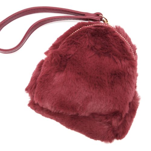 Pochette-Mini-Sac-a-Dos-Porte-Monnaie-Fourrure-Synthetique-Bordeaux