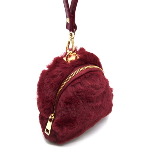 Pochette-Mini-Sac-a-Dos-Porte-Monnaie-Fourrure-Synthetique-Bordeaux