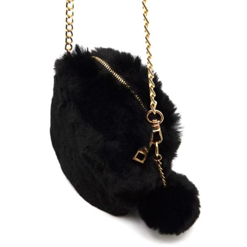 Pochette-Sac-Bandouliere-Rond-Fourrure-Synthetique-avec-Pompon-Noir