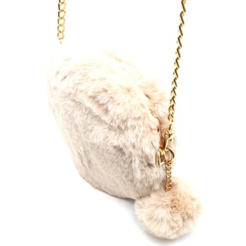 Pochette-Sac-Bandouliere-Rond-Fourrure-Synthetique-avec-Pompon-Beige
