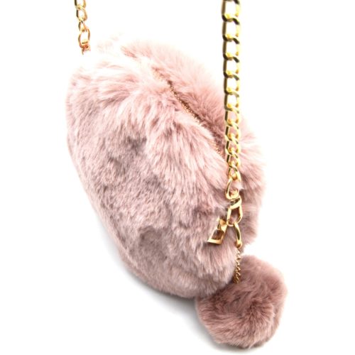 Pochette-Sac-Bandouliere-Rond-Fourrure-Synthetique-avec-Pompon-Vieux-Rose