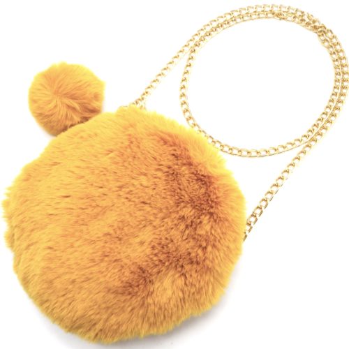 Pochette-Sac-Bandouliere-Rond-Fourrure-Synthetique-avec-Pompon-Jaune-Moutarde