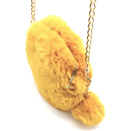 Pochette-Sac-Bandouliere-Rond-Fourrure-Synthetique-avec-Pompon-Jaune-Moutarde