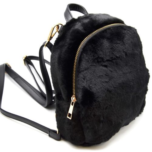 Petit-Sac-a-Dos-Fourrure-Synthetique-Noir-avec-Bretelles-Simili-Cuir