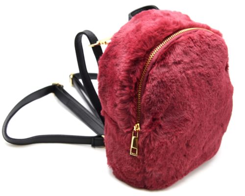 Petit-Sac-a-Dos-Fourrure-Synthetique-Bordeaux-avec-Bretelles-Simili-Cuir