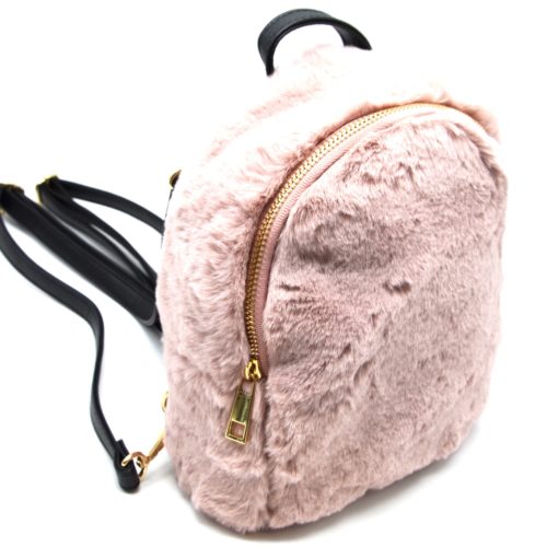 Petit-Sac-a-Dos-Fourrure-Synthetique-Vieux-Rose-avec-Bretelles-Simili-Cuir