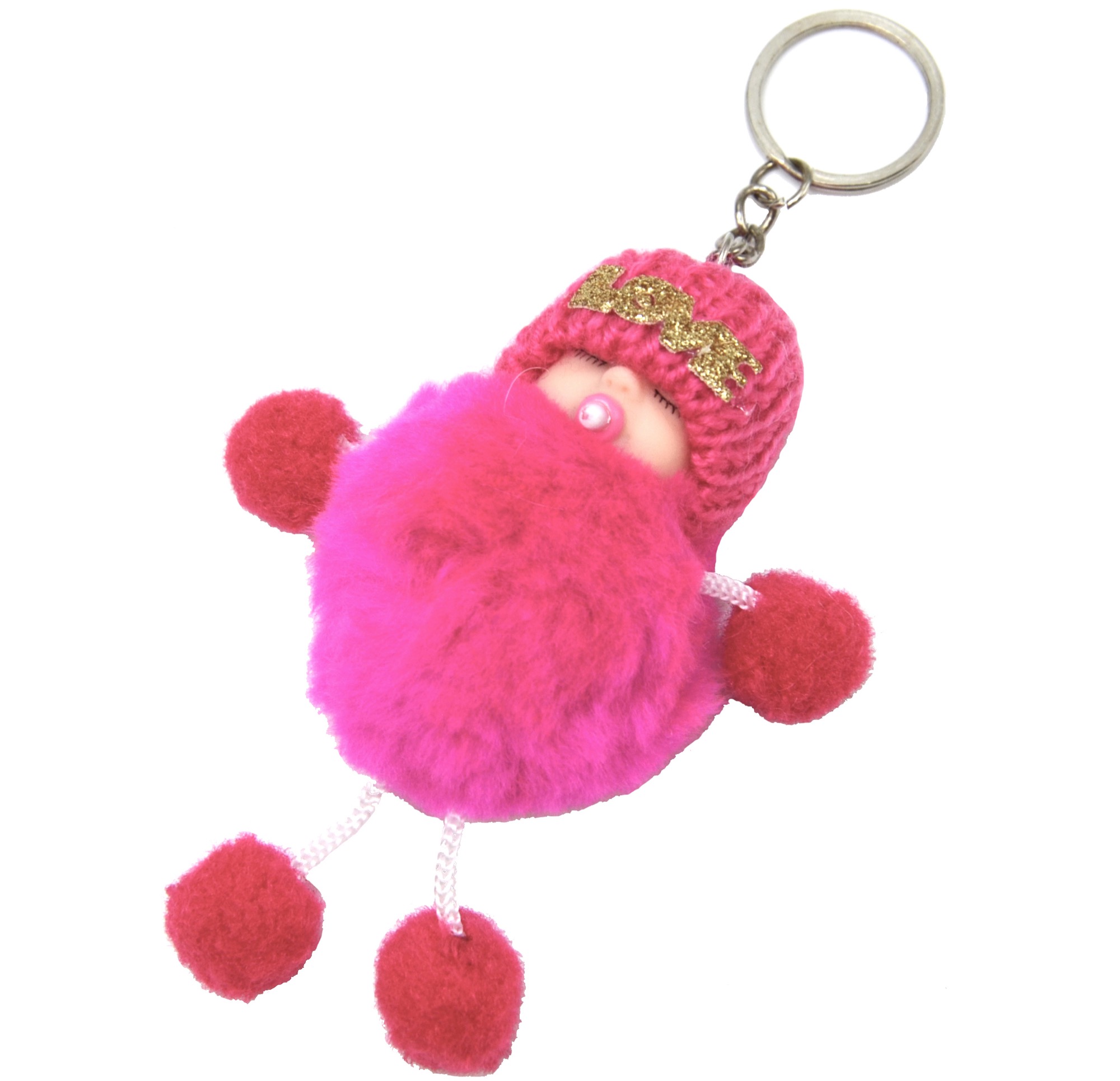 Porte-Cles-Bijou-de-Sac-Petit-Bebe-avec-Bonnet-et-Multi-Boules-Pompon-Fuchsia