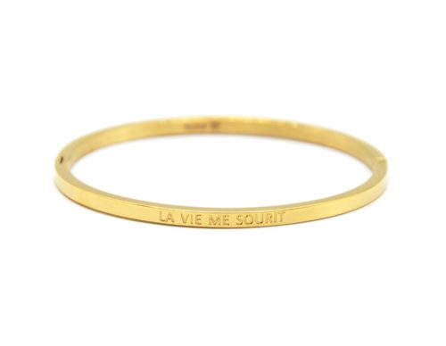 Bracelet-Jonc-Fin-Acier-Dore-avec-Message-La-Vie-Me-Sourit