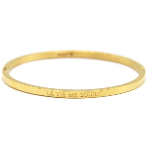 Bracelet-Jonc-Fin-Acier-Dore-avec-Message-La-Vie-Me-Sourit