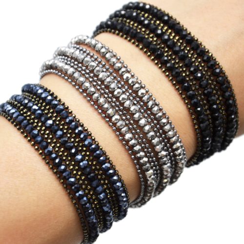 Bracelet-Manchette-Multi-Rangs-Boules-Metal-et-Perles-Brillantes