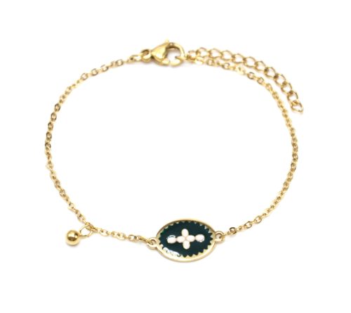 Bracelet-Fine-Chaine-Acier-Dore-avec-Ovale-Email-Vert-Sapin-Motif-Croix