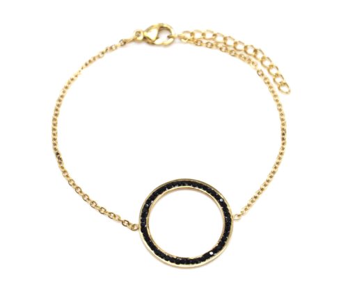 Bracelet-Fine-Chaine-avec-Charm-Cercle-Contour-Acier-Dore-et-Strass-Noir