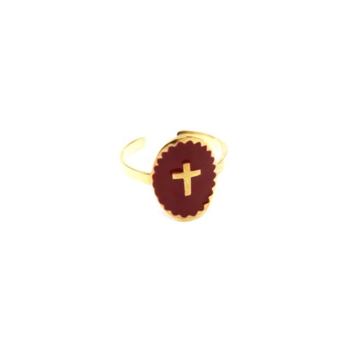 Bague-Fine-Acier-Dore-avec-Ovale-Email-Bordeaux-Motif-Croix