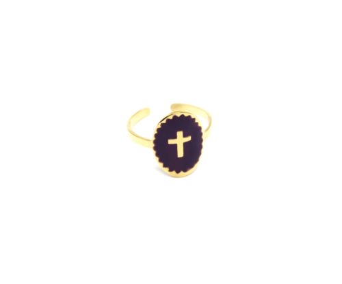 Bague-Fine-Acier-Dore-avec-Ovale-Email-Violet-Fonce-Motif-Croix