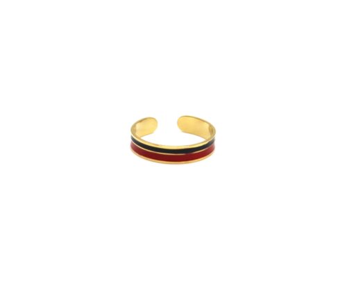 Bague-Anneau-Acier-Dore-avec-Double-Bandes-Email-Noir-Rouge