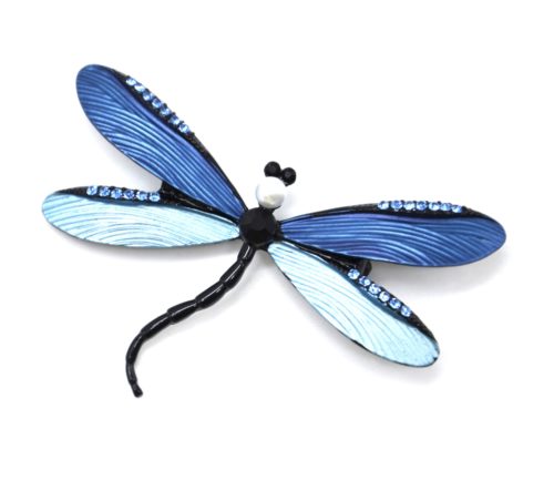 Broche-Libellule-Metal-Peint-Relief-Bleu-avec-Strass-Perle-et-Pierre-Noire