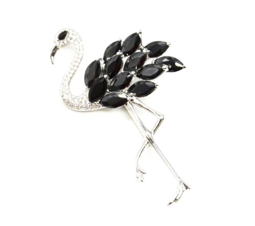 Broche-Epingle-Flamant-Rose-Metal-Argente-avec-Strass-Zirconium-et-Pierres-Noires