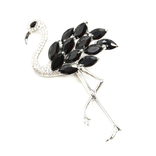 Broche-Epingle-Flamant-Rose-Metal-Argente-avec-Strass-Zirconium-et-Pierres-Noires