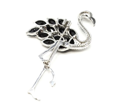 Broche-Epingle-Flamant-Rose-Metal-Argente-avec-Strass-Zirconium-et-Pierres-Noires