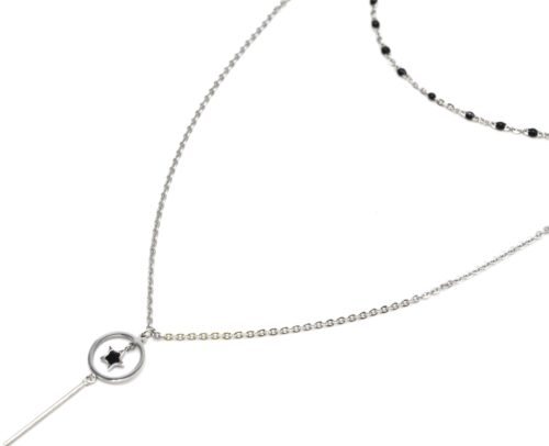 Collier-Double-Chaine-avec-Mini-Perles-Email-Noir-et-Cercle-Etoile-Barre-Acier-Argente