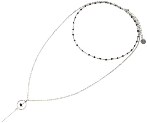 Collier-Double-Chaine-avec-Mini-Perles-Email-Noir-et-Cercle-Etoile-Barre-Acier-Argente