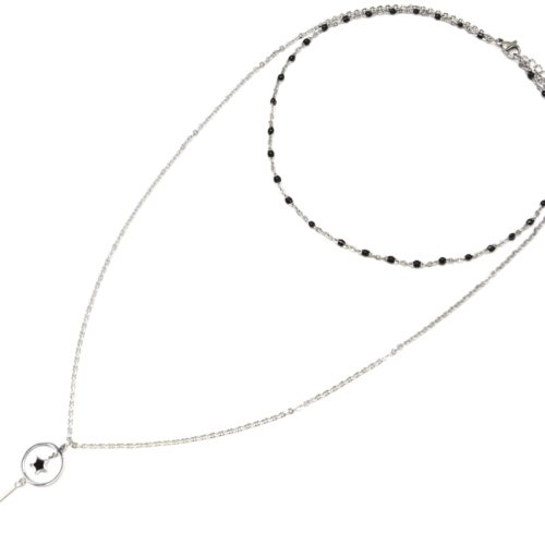 Collier-Double-Chaine-avec-Mini-Perles-Email-Noir-et-Cercle-Etoile-Barre-Acier-Argente