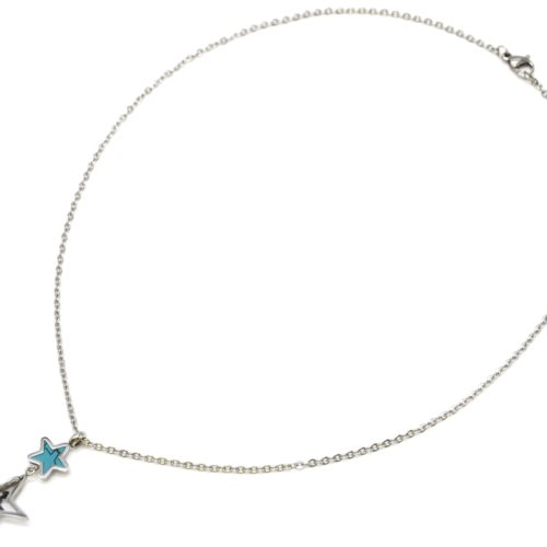 Collier-Fine-Chaine-avec-Pendentif-Triple-Etoiles-Acier-Argente-et-Pierre-Turquoise