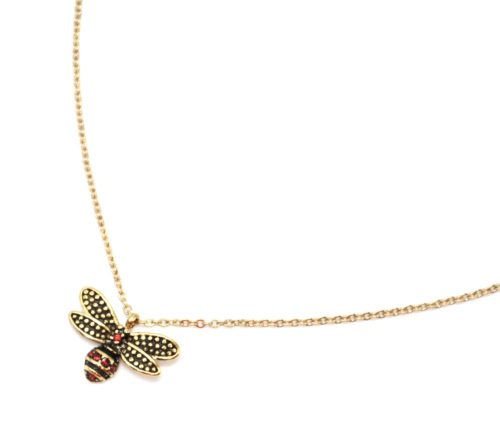 Collier-Fine-Chaine-avec-Pendentif-Abeille-Effet-Vieilli-Acier-Dore-et-Strass