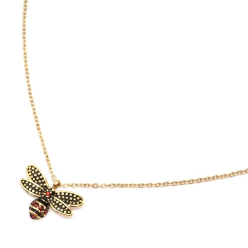 Collier-Fine-Chaine-avec-Pendentif-Abeille-Effet-Vieilli-Acier-Dore-et-Strass