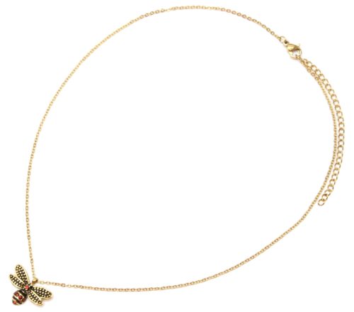 Collier-Fine-Chaine-avec-Pendentif-Abeille-Effet-Vieilli-Acier-Dore-et-Strass