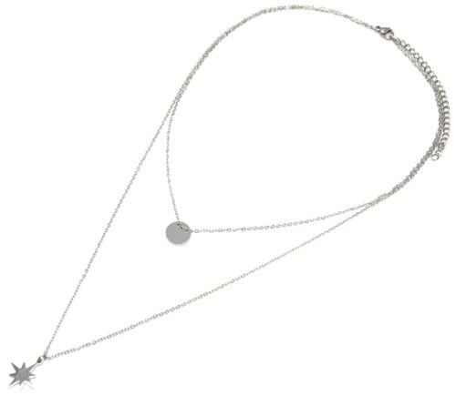 Collier-Double-Chaine-avec-Medaille-et-Etoile-Polaire-Acier-Argente