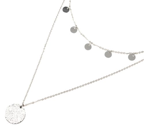 Collier-Double-Chaine-avec-Pampilles-et-Medaille-Martelee-Acier-Argente