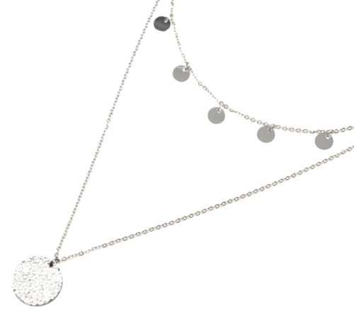 Collier-Double-Chaine-avec-Pampilles-et-Medaille-Martelee-Acier-Argente