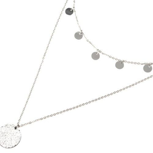 Collier-Double-Chaine-avec-Pampilles-et-Medaille-Martelee-Acier-Argente