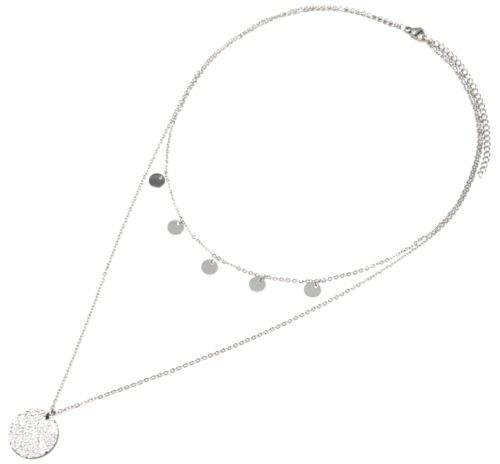 Collier-Double-Chaine-avec-Pampilles-et-Medaille-Martelee-Acier-Argente