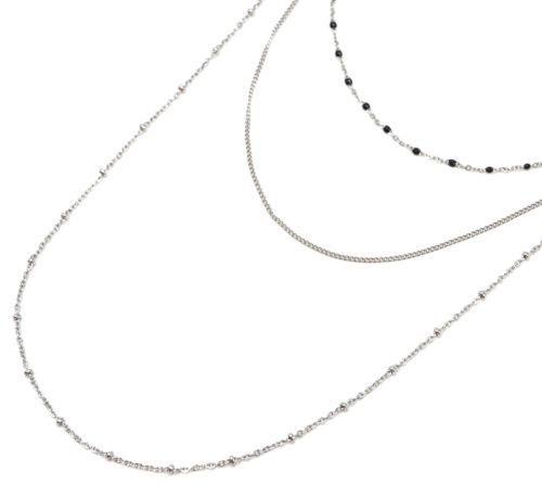 Collier-Triple-Chaine-avec-Mini-Perles-Email-Noir-et-Boules-Acier-Argente