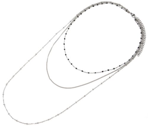 Collier-Triple-Chaine-avec-Mini-Perles-Email-Noir-et-Boules-Acier-Argente