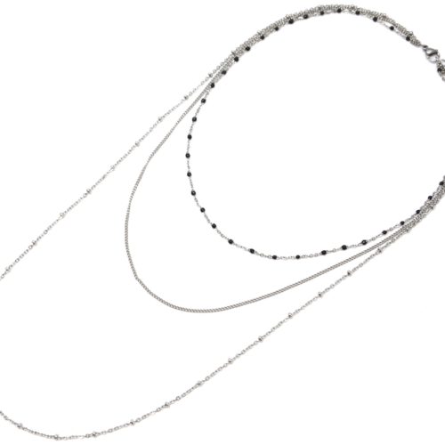 Collier-Triple-Chaine-avec-Mini-Perles-Email-Noir-et-Boules-Acier-Argente